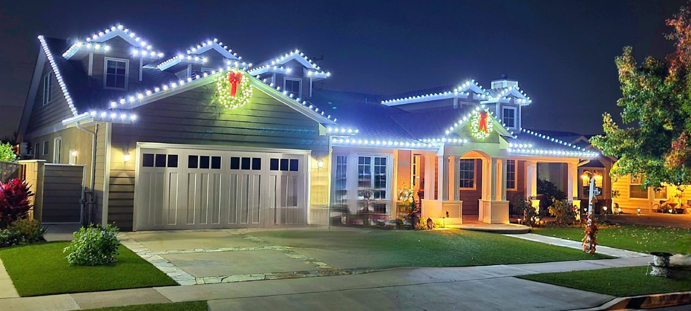 pure white christmas lights on home